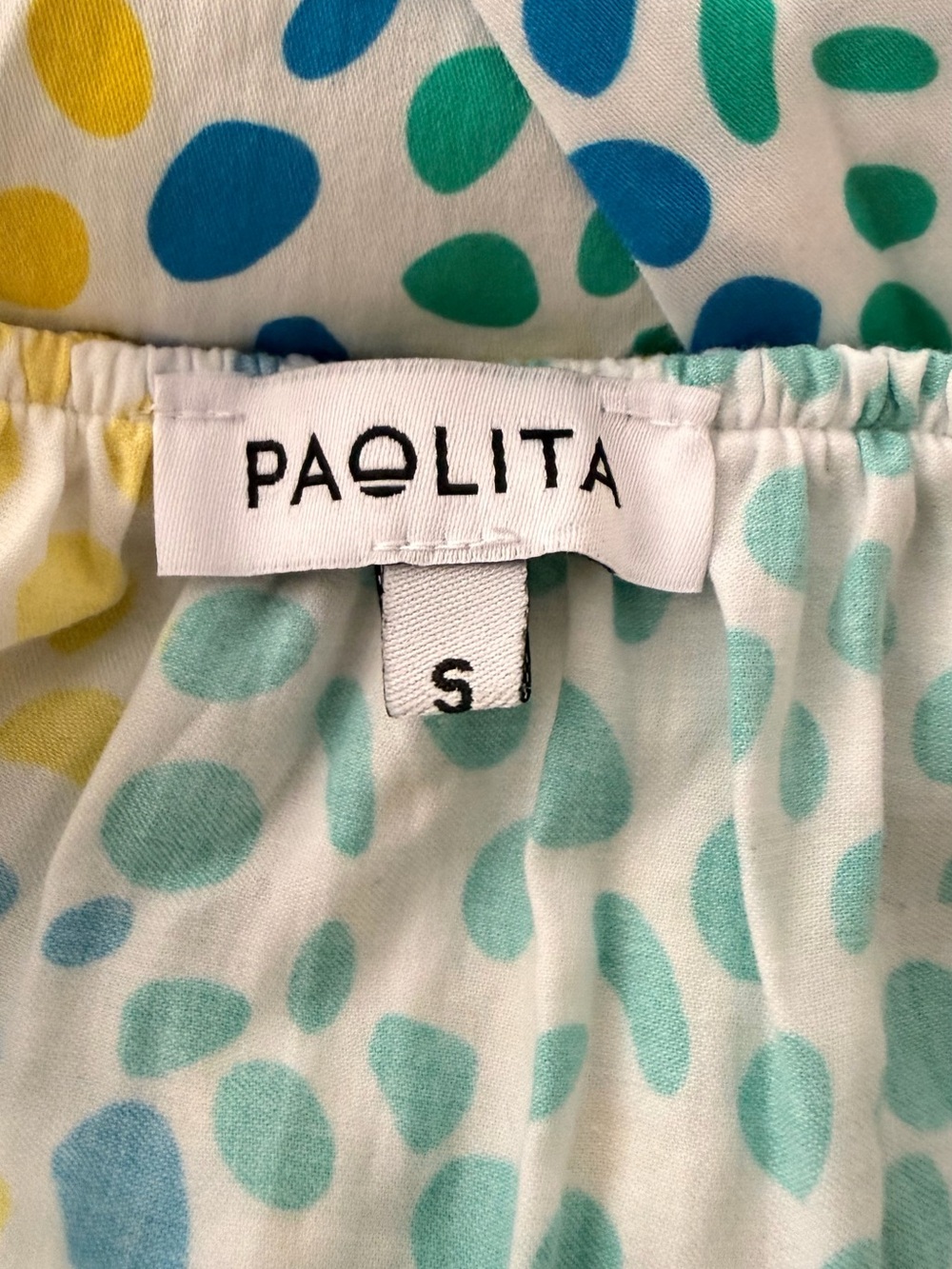 Paolita Off-Shoulder Maxi Dress in Blue, Yellow, Pink & Green Polka Dot Small - Picture 4 of 6